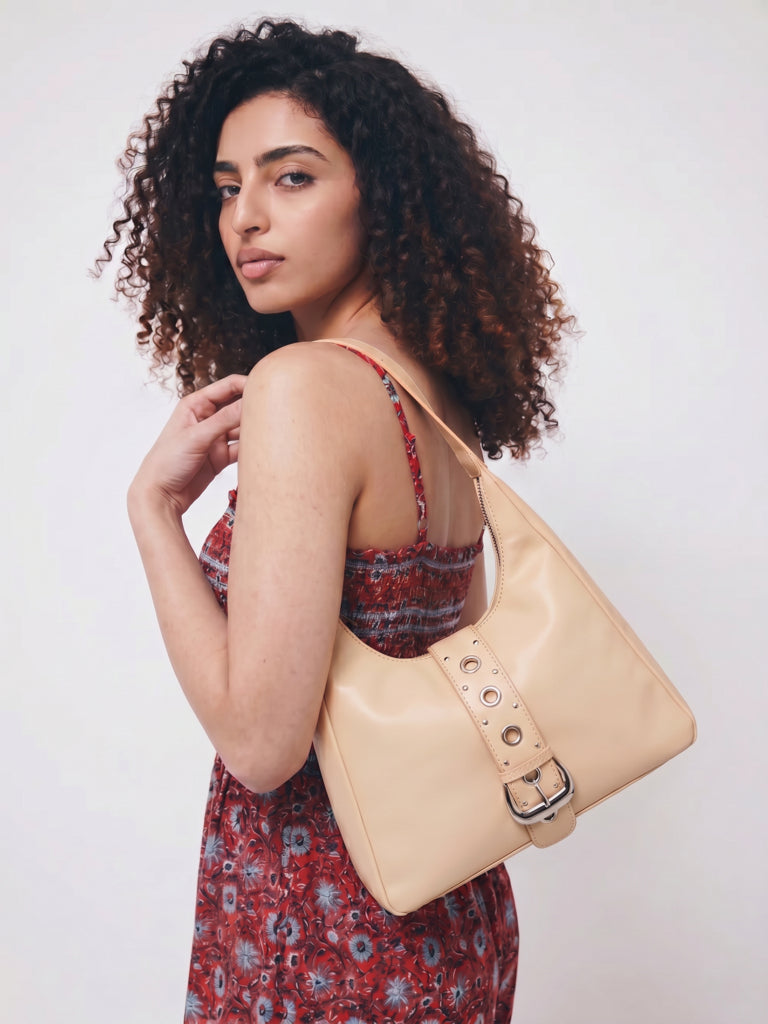 Westside Beige Eyelet-Detailed Shoulder Bag