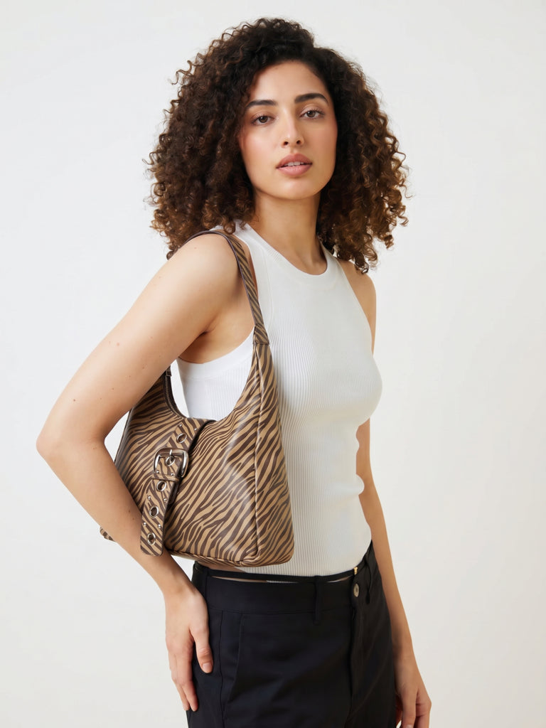 Westside Brown Animal Printed Eyelet-Detailed Shoulder Bag