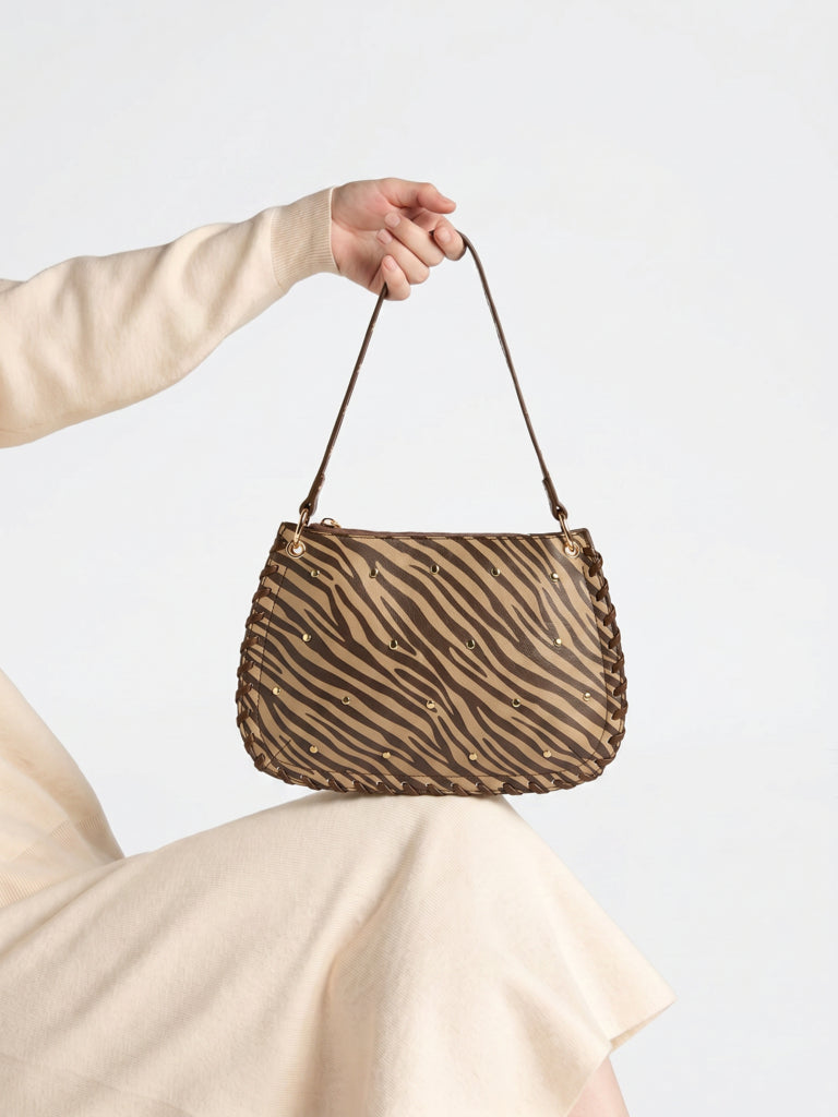 Westside Brown Animal Printed Stud-Detailed Shoulder Bag