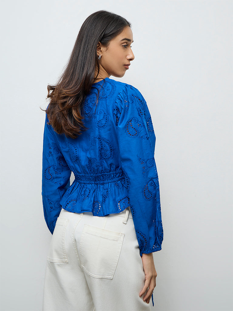 LOV Blue Paisley Embroidered Cotton Top