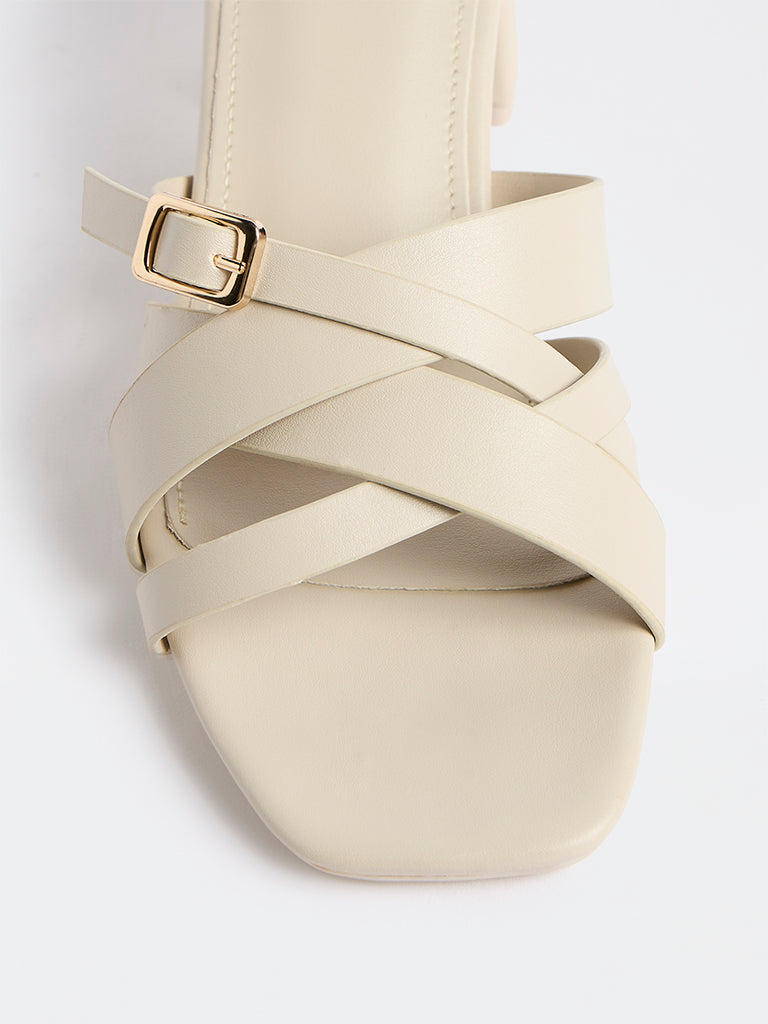 LUNA BLU Ivory Criss-Cross Strap Block Heel Sandals