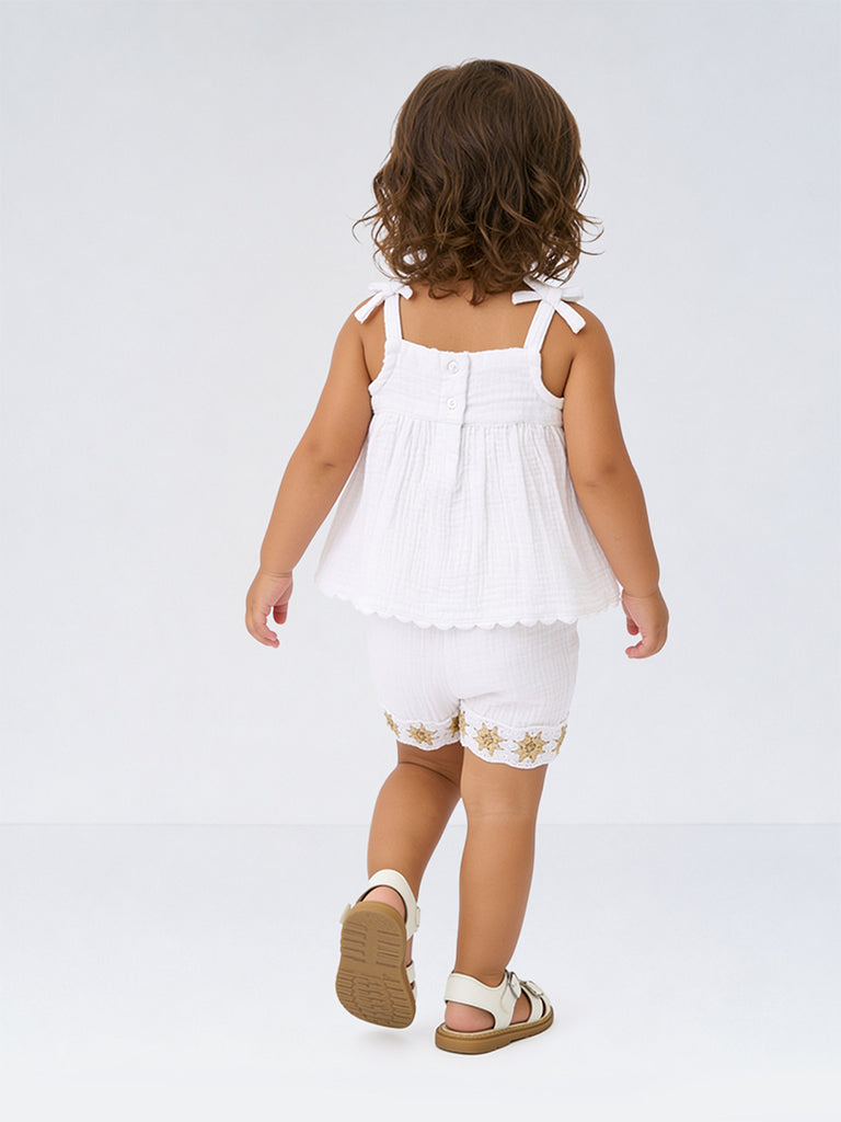 HOP Baby Girls White Crochet Embroidered A-Line Cotton Dress with Shorts