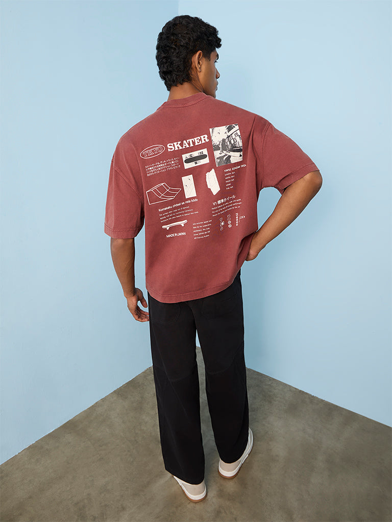 Nuon Rust Graphic Printed Oversized Cotton T-Shirt
