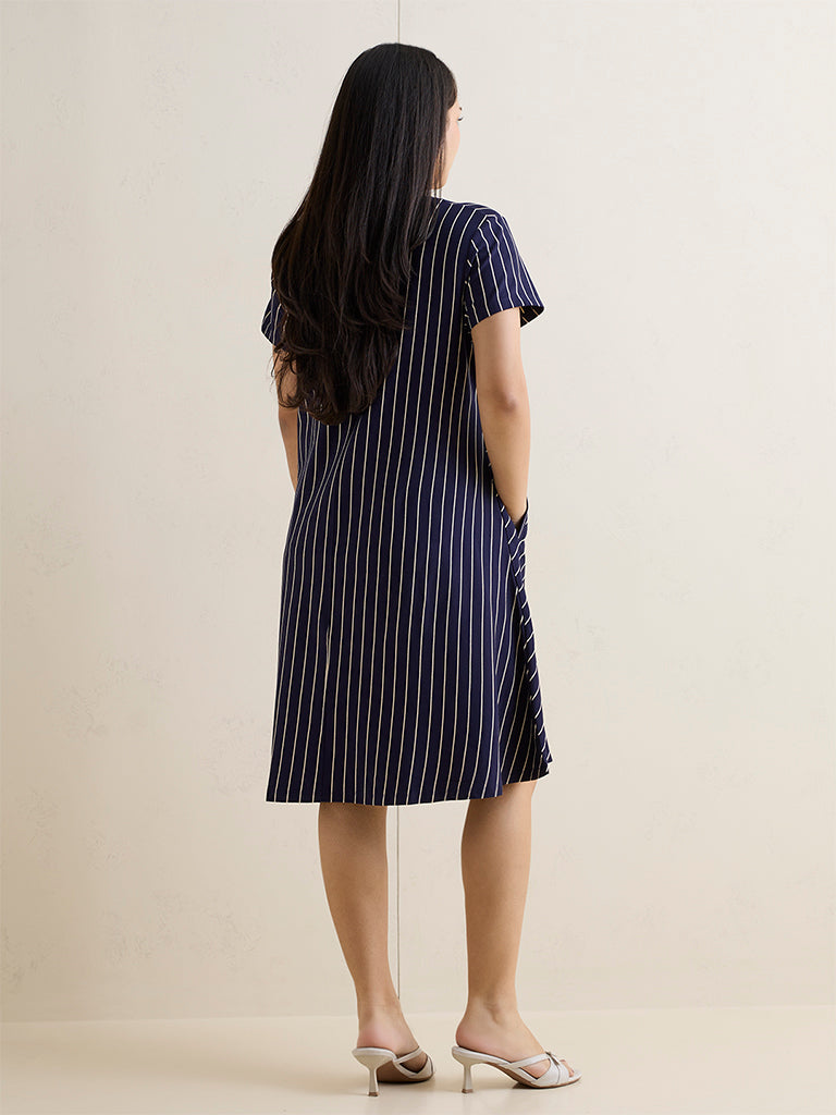Gia Navy Vertical Stripe A-line Dress