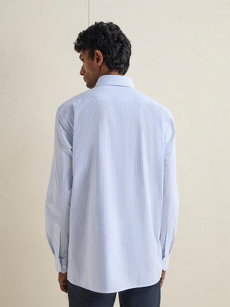 WES Formals Light Blue Checkered Cotton Relaxed-Fit Shirt