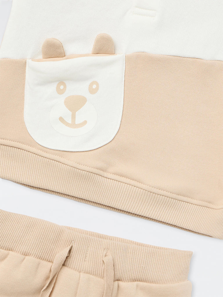 HOP Baby Boys Beige Colour-Blocked Cotton-Blend Sweatshirt and Pants Set