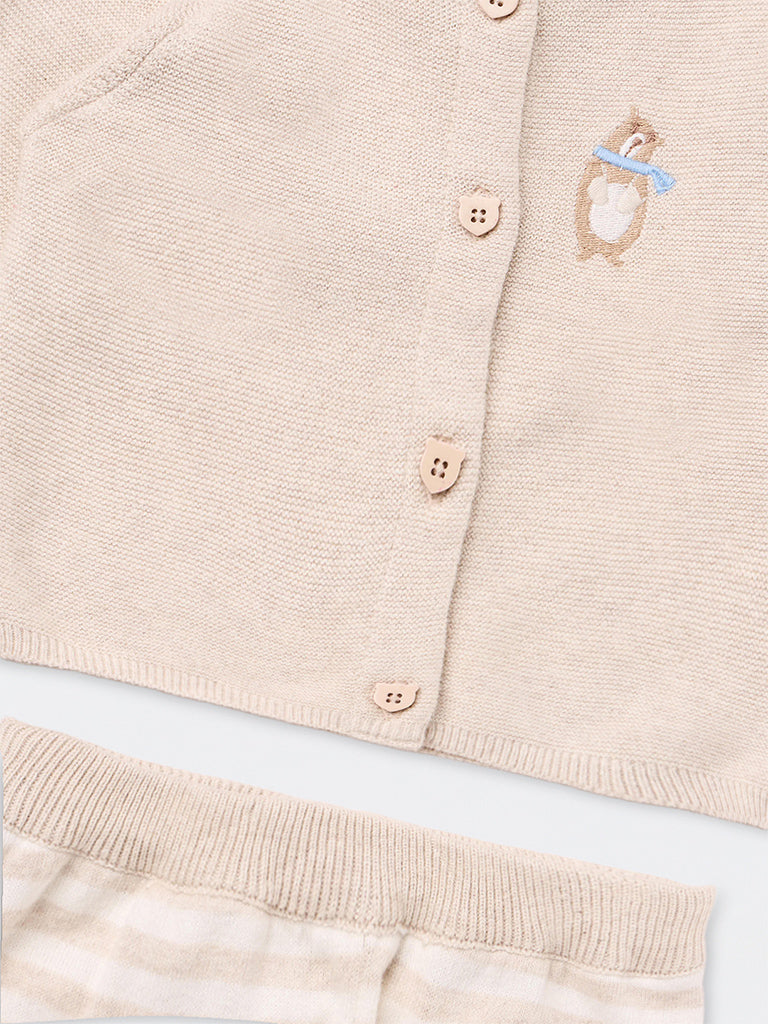 HOP Baby Boys Taupe Embroidered Cotton Cardigan and Pants Set