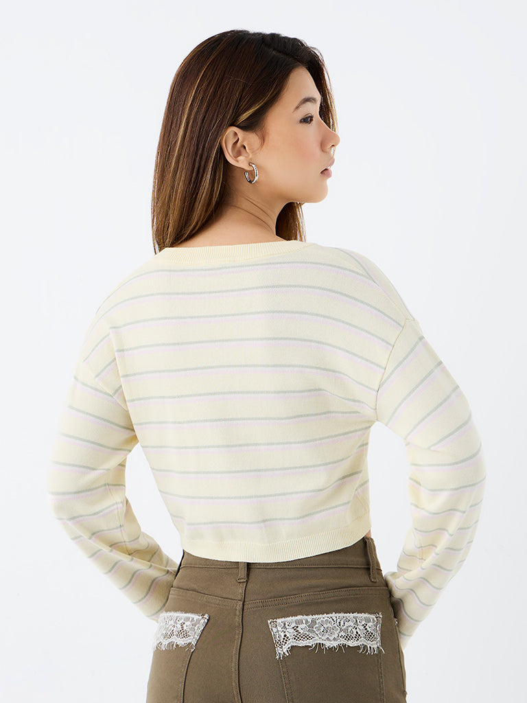 Nuon Yellow Striped Knit-Textured T-Shirt