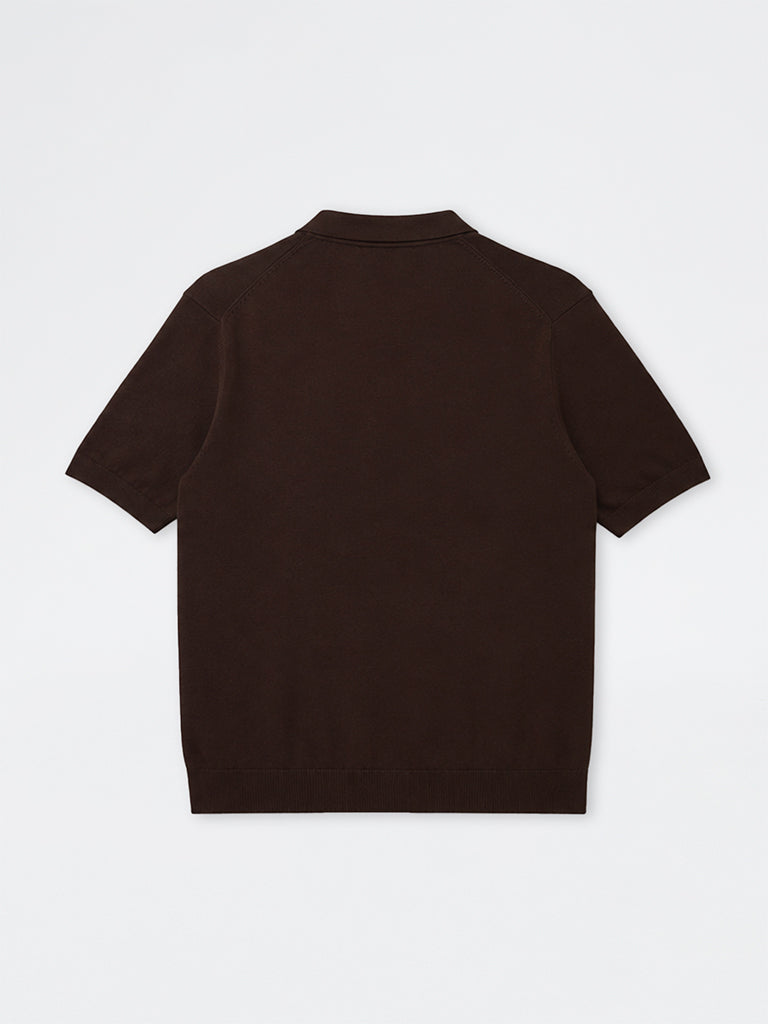 WES Formals Dark Brown Relaxed-Fit Cotton-Blend Polo T-Shirt