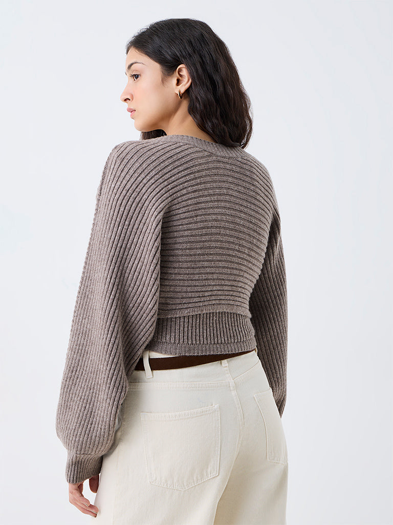 Nuon Taupe Cable-Knit Top with Cardigan