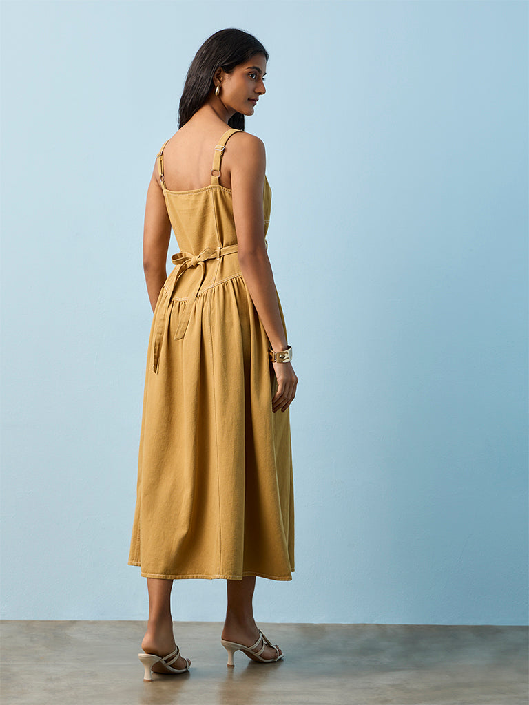 LOV Khaki Solid Cotton A-Line Dress with Belt