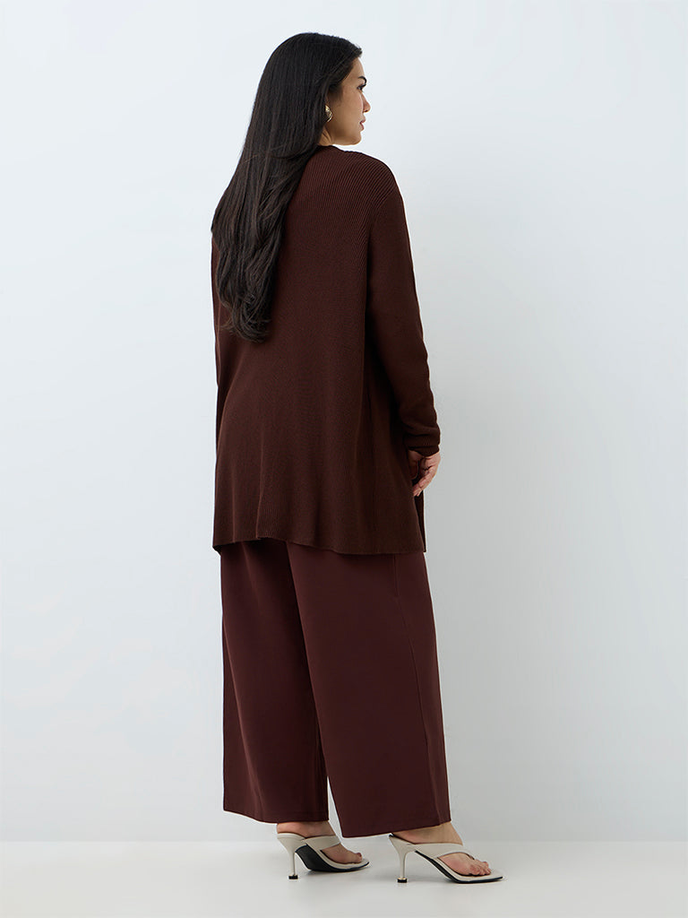 Gia Dark Brown Ribbed-Knit Longline Cardigan