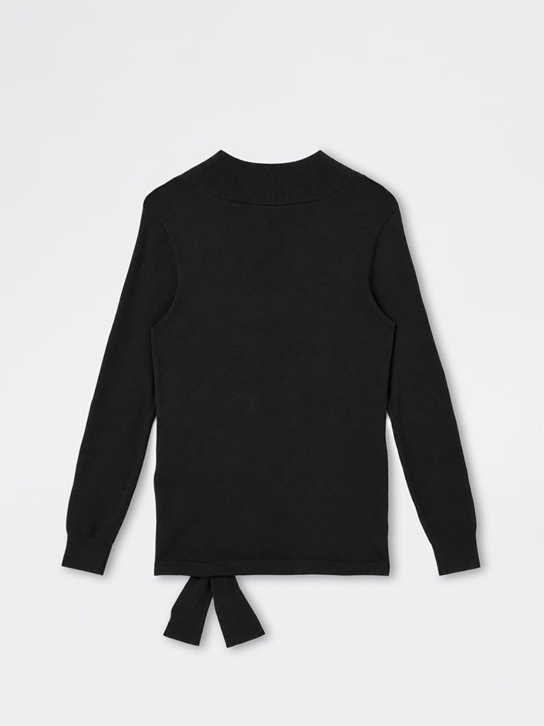 Gia Black Solid Sweater with Tie-Up Detail