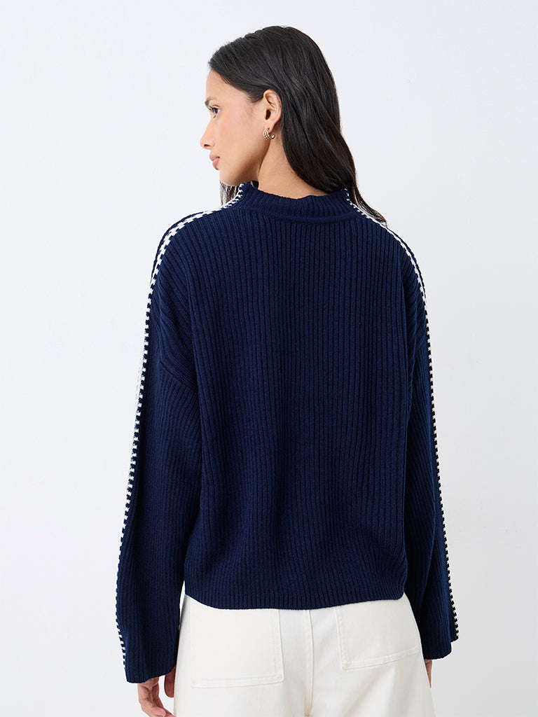 LOV Navy Contrast-Detail Ribbed-Knit Sweater