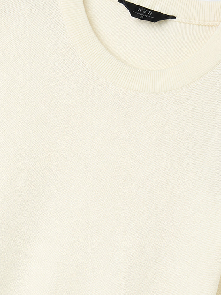 WES Formals Cream Solid Slim-Fit Sweater