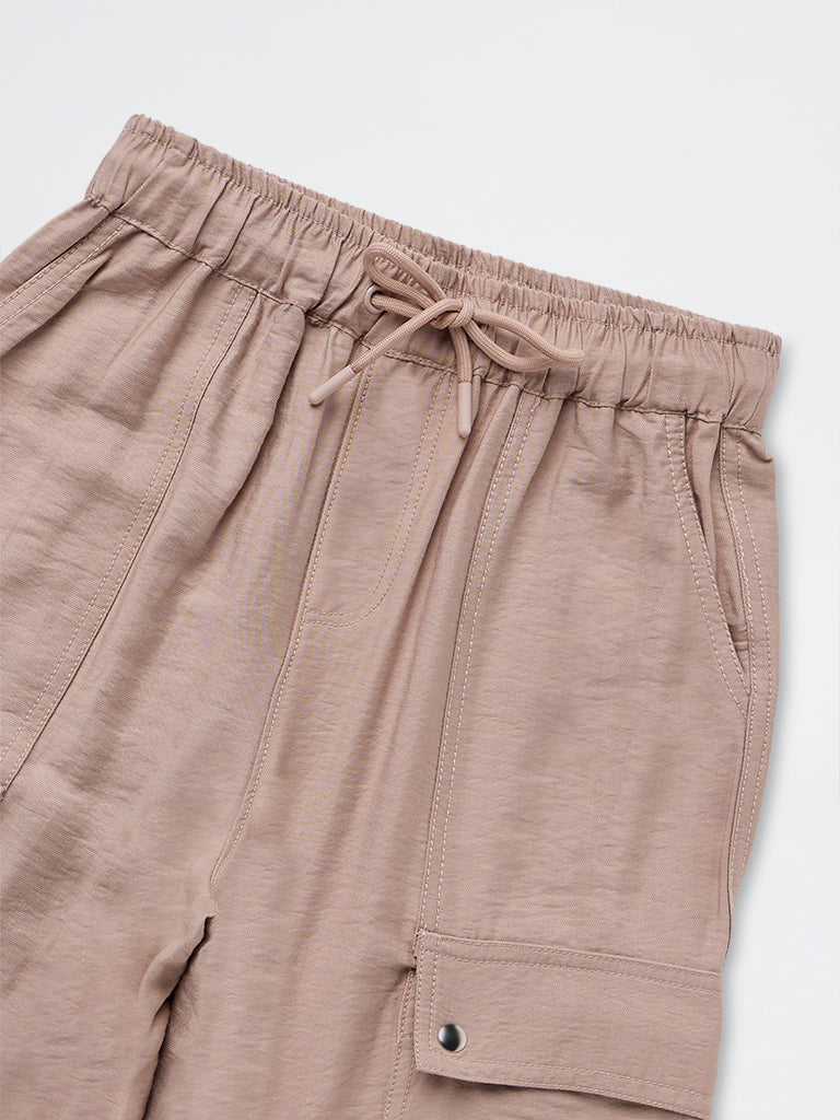 Girls Dusty Pink Cargo-Style High-Rise Trousers