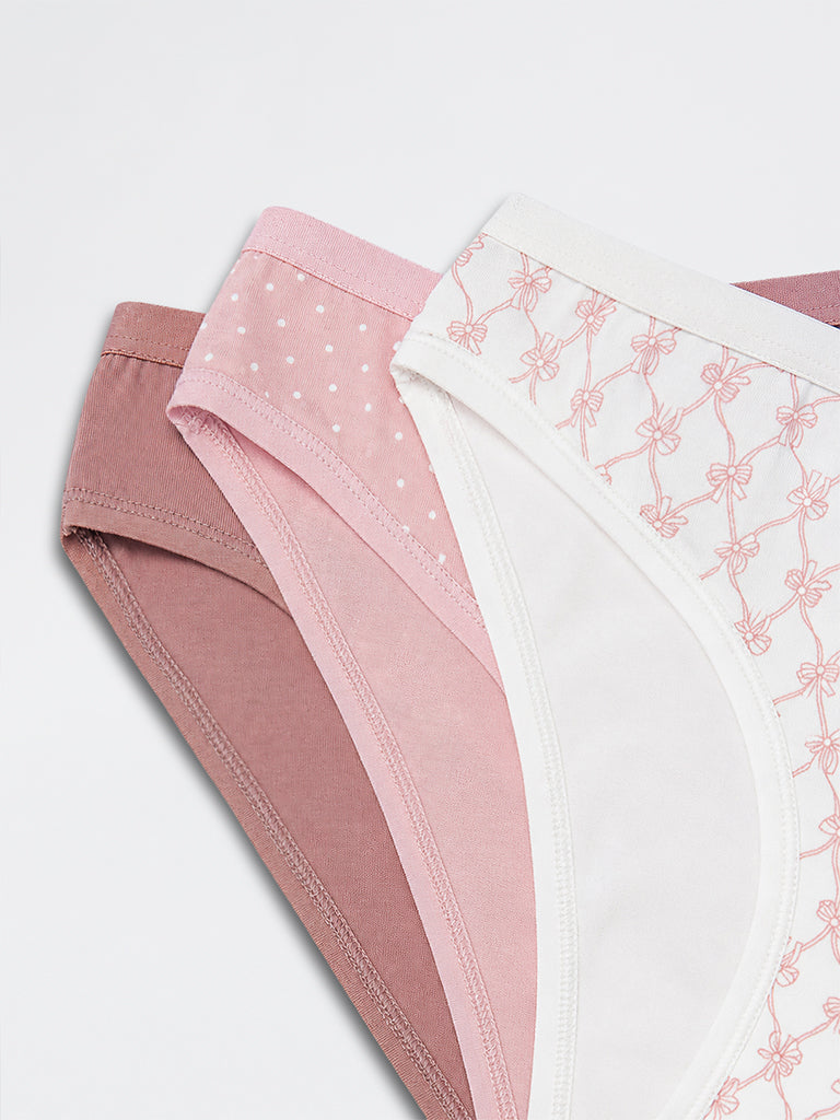Wunderlove Pink Polka Dot Printed Cotton-Blend Bikini Briefs - Pack of 3