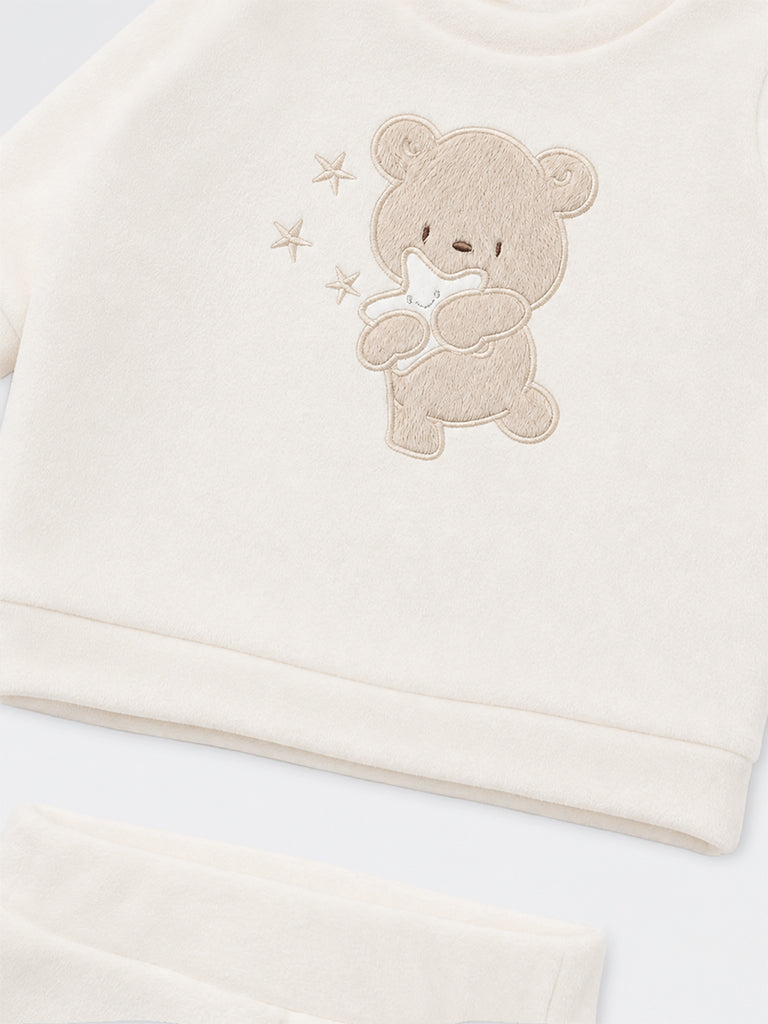 HOP Baby Boys Off-White Teddy Embroidered Sweatshirt and Pants Set