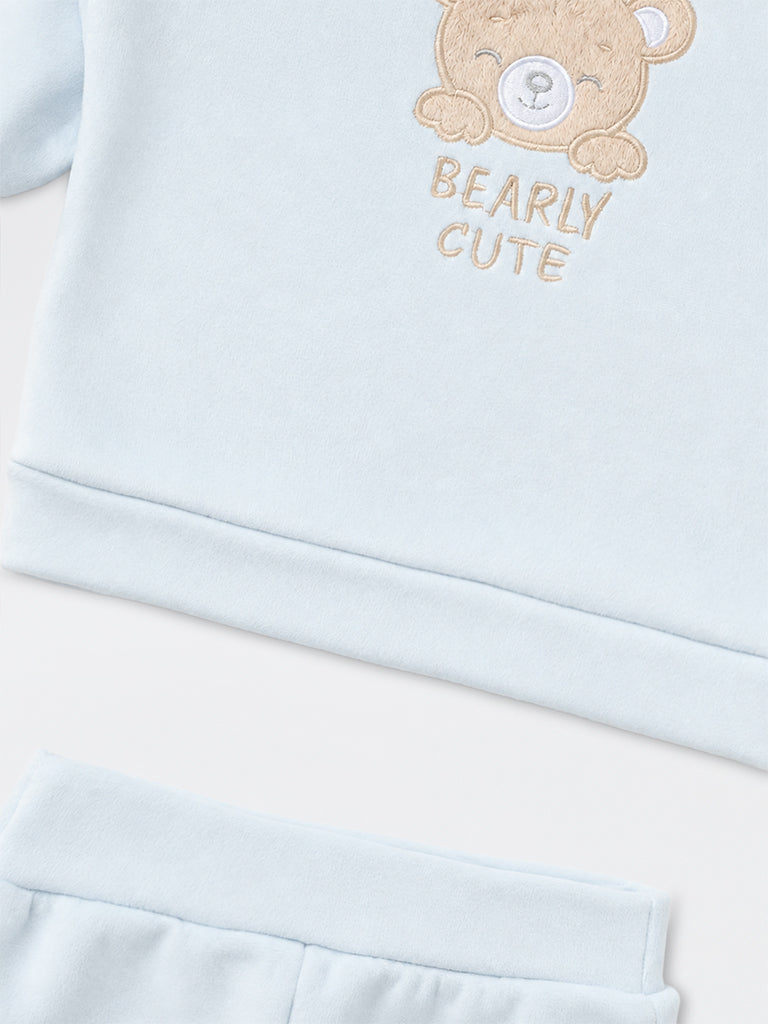 HOP Baby Boys Light Blue Bear Embroidered Sweatshirt and Pants Set
