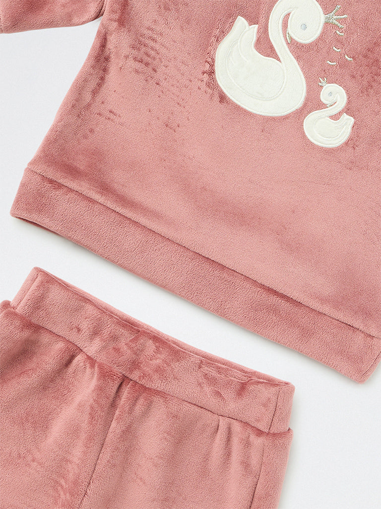 HOP Baby Girls Pink Swan Embroidered Velour Sweatshirt and Joggers Set