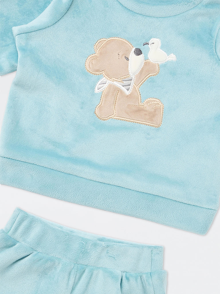 HOP Baby Girls Sea Blue Animal Embroidered Sweatshirt and Pants Set