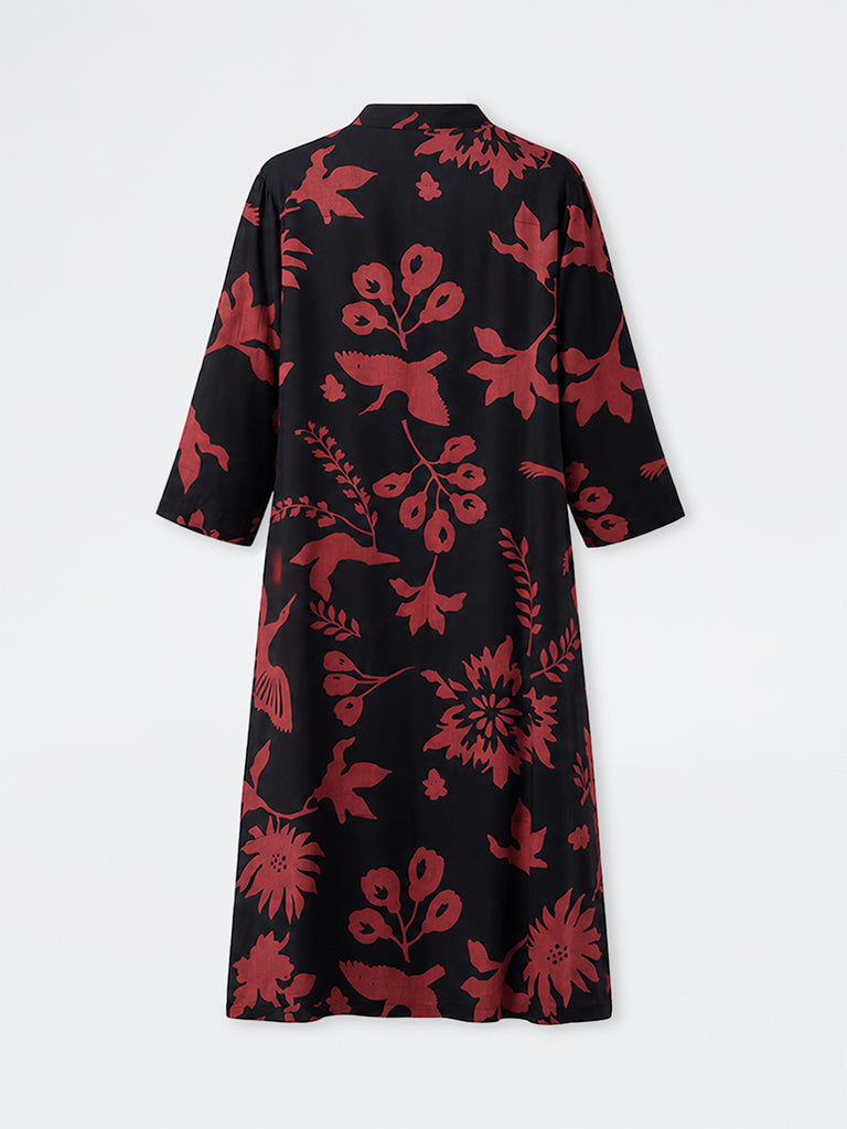 Diza Black Botanical Design A-Line Kurta