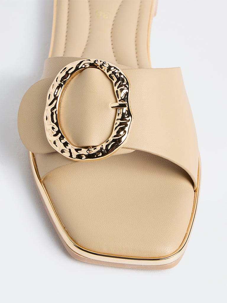 LUNA BLU Beige Textured Oval Buckle Slides