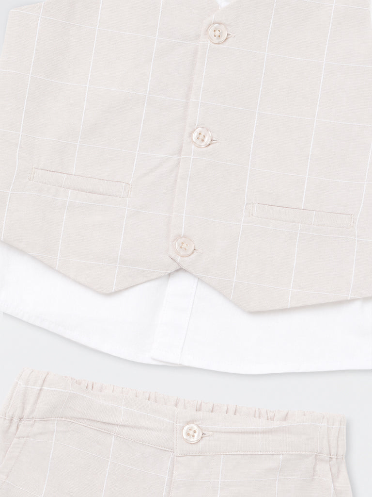 HOP Baby Boys Light Grey Checkered Cotton Waistcoat, Shirt, Pants and Bow Set
