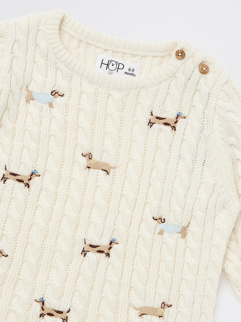 HOP Baby Boys Ivory Dog Embroidered Cable-Knit Sweater