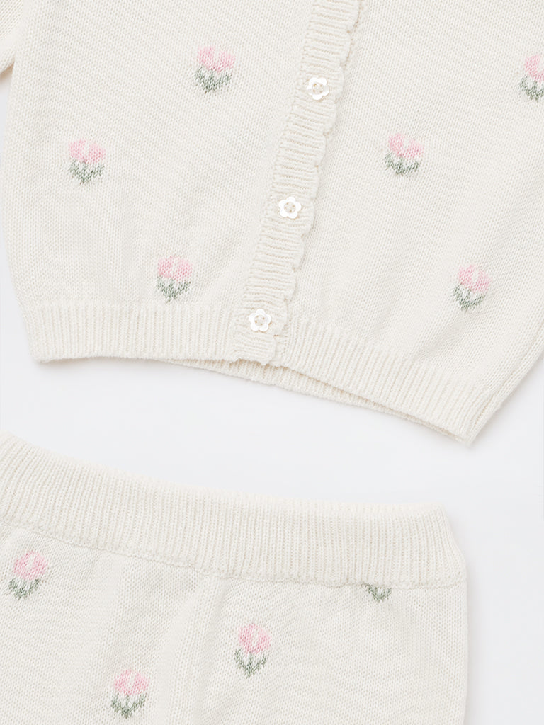 HOP Baby Girls Off-White Floral Design Cotton Cardigan and Pants Set
