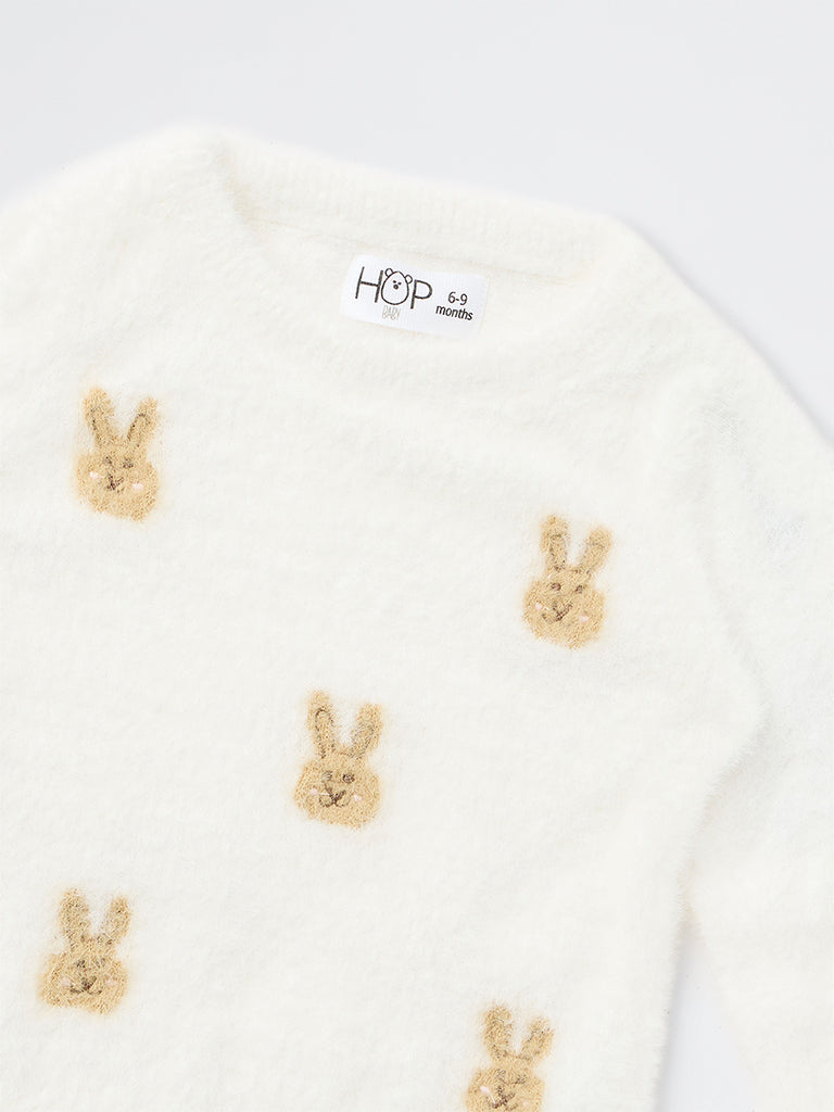 HOP Baby Girls White Bunny Printed Fuzzy-Textured Sweater