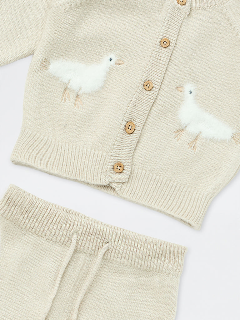 HOP Baby Boys Light Beige Bird Design Knitted Sweater with Jogger Set
