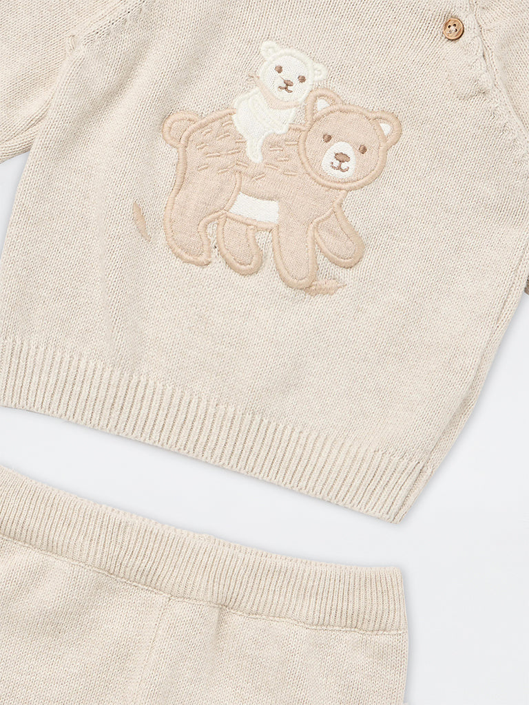 HOP Baby Boys Taupe Animal Embroidered Cotton Sweater and Pants Set
