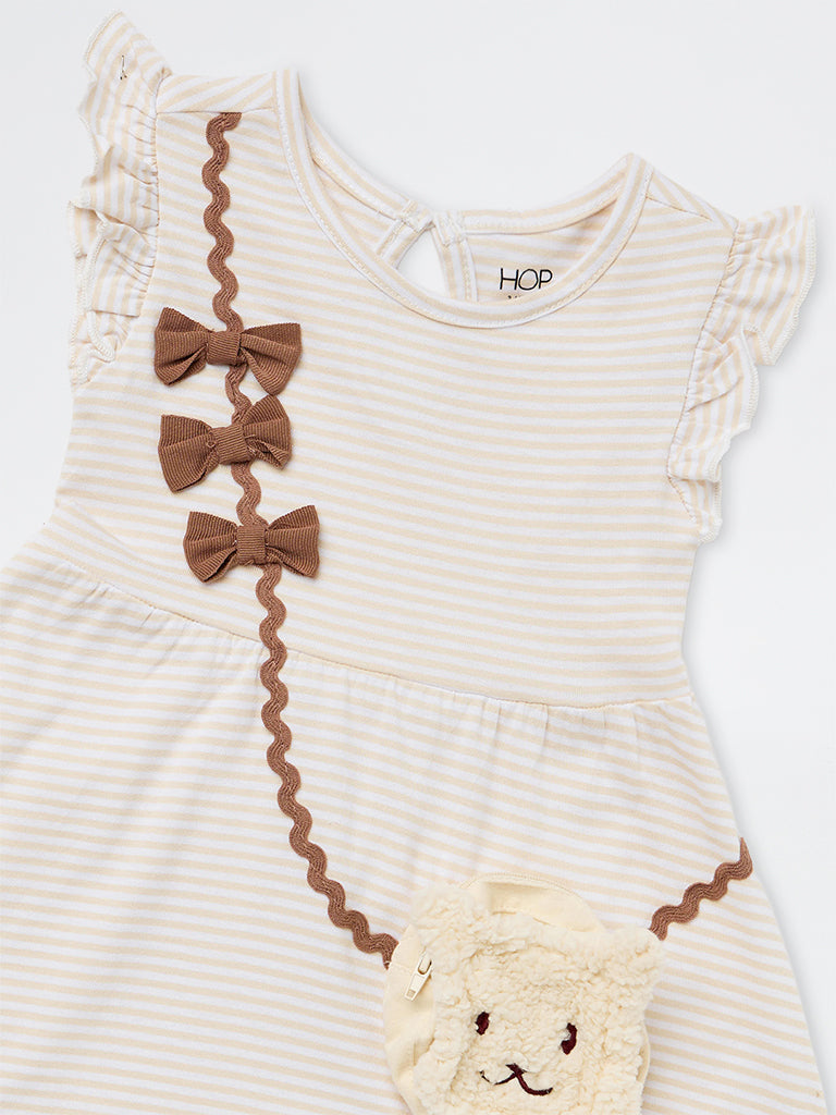 HOP Kids Girls Beige Striped Sling-Bag Design Cotton A-Line Dress