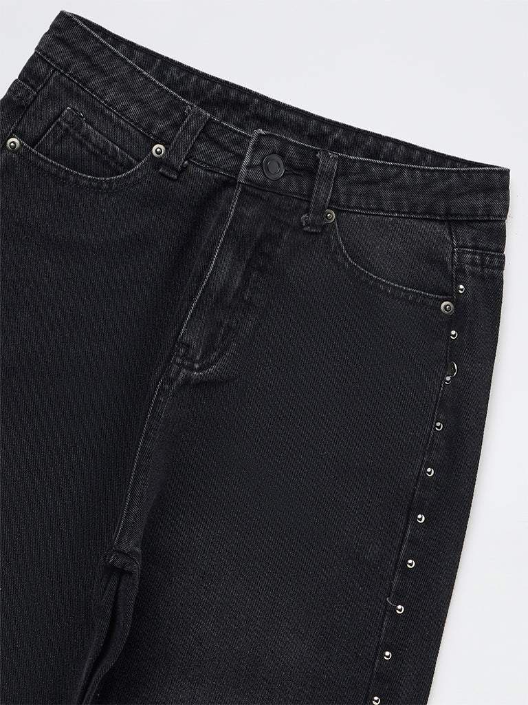 Girls Black Stud Detailed High-Rise Jeans