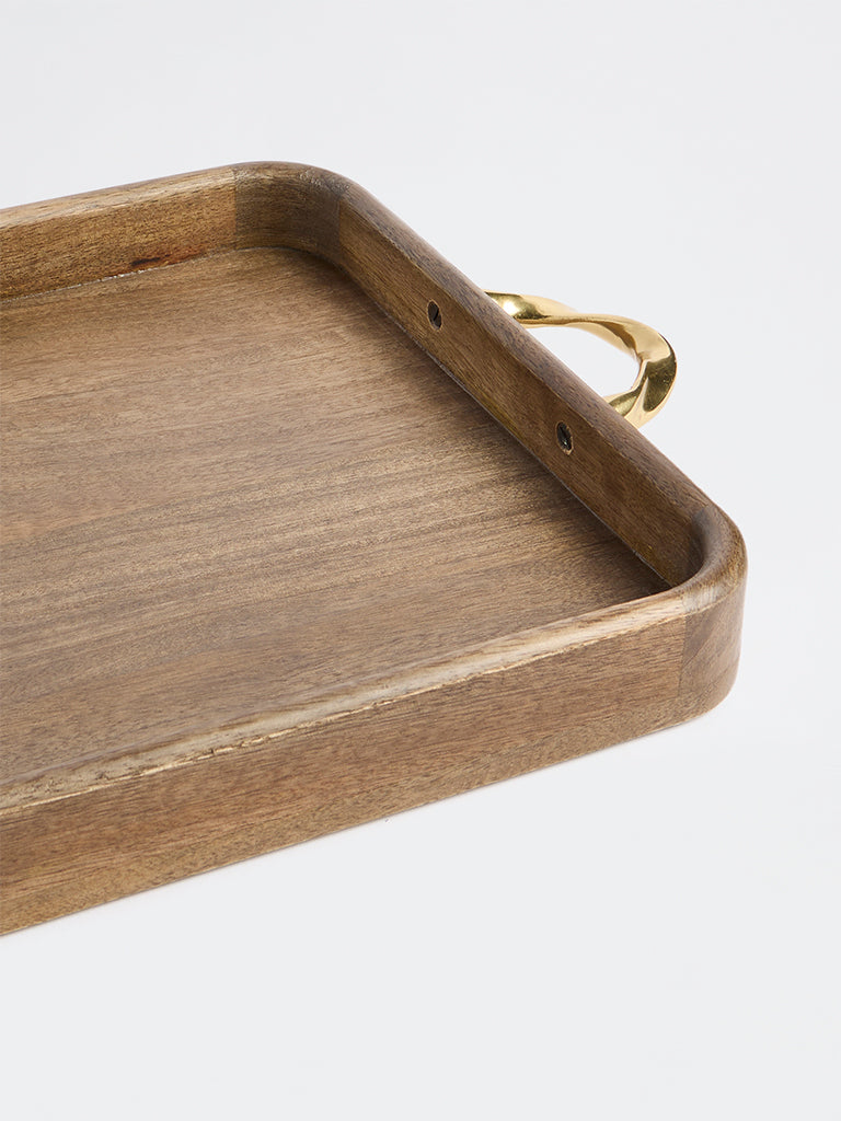 Westside Home Brown Wooden Rectangular Tray with Twisted Metal Handles