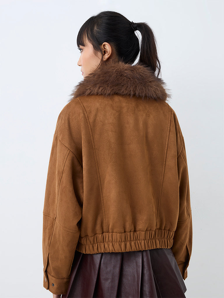 Nuon Brown Solid Suede Jacket with a Fur Collar