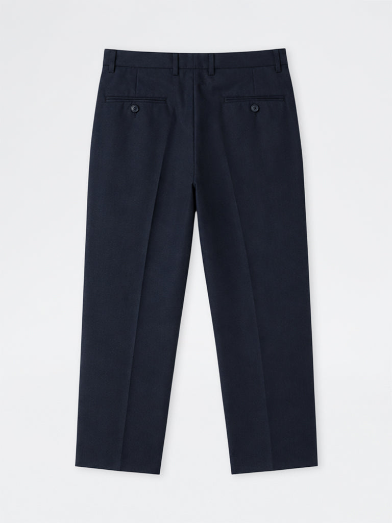 WES Formals Navy Solid Slim-Fit Mid-Rise Trousers