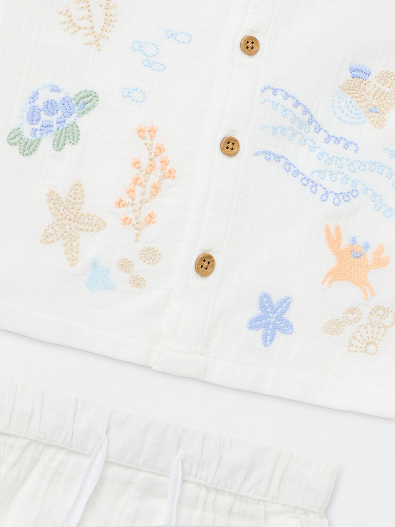HOP Baby Boys White Embroidered Cotton Shirt with Shorts Set