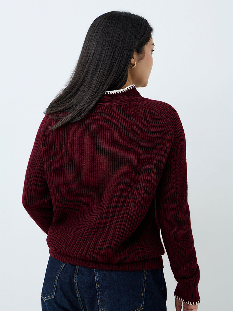 Gia Burgundy Tie-Up Detail Rib-Knitted Sweater