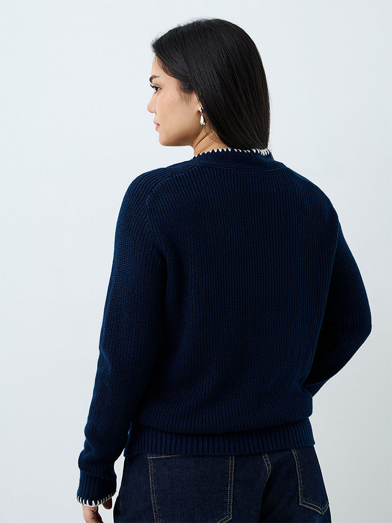 Gia Navy Tie-Up Detail Rib-Knitted Sweater
