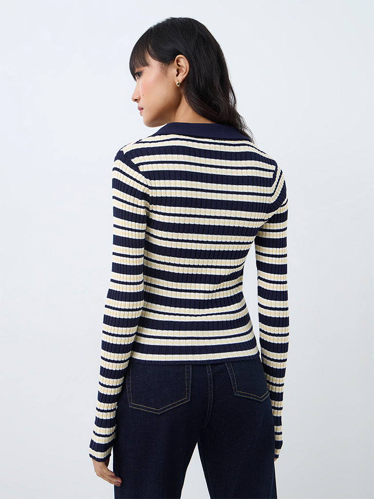 Nuon Navy Striped Ribbed-Knit Cardigan