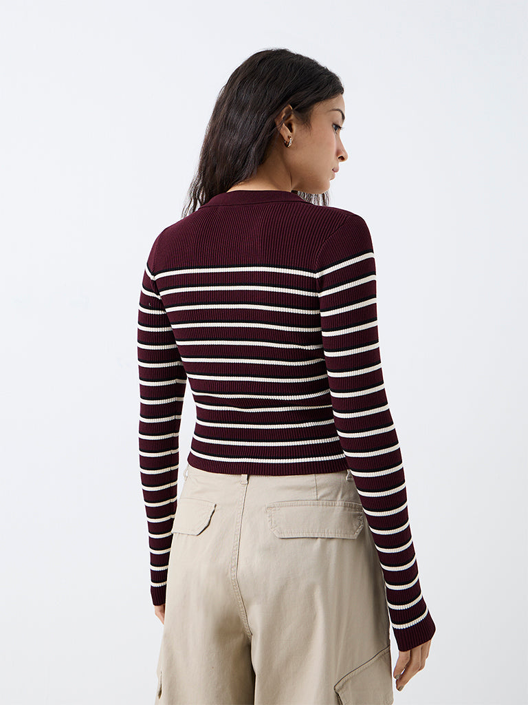 Nuon Burgundy Striped Ribbed Top