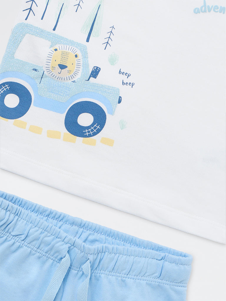 HOP Baby Boys White Graphic Printed Cotton T-Shirt and Shorts Set