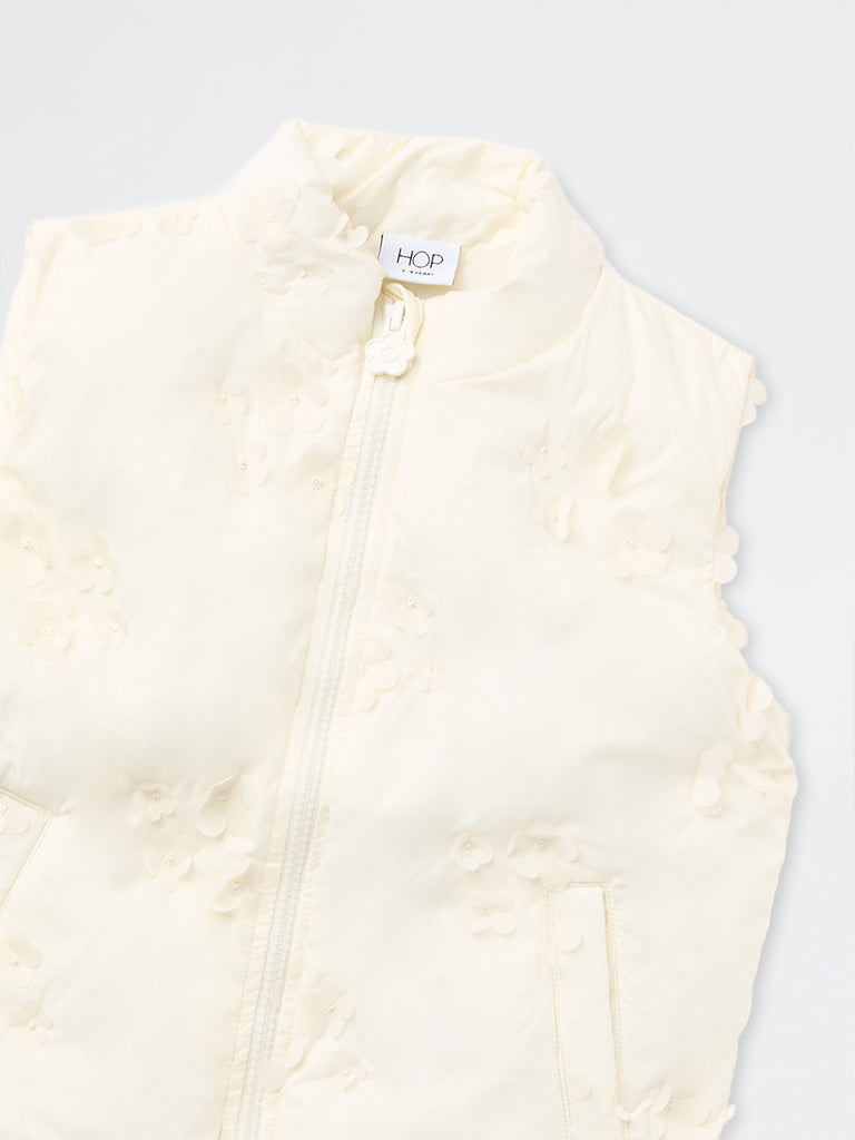 HOP Kids Girls Off-White Floral Applique Puffer Vest Jacket