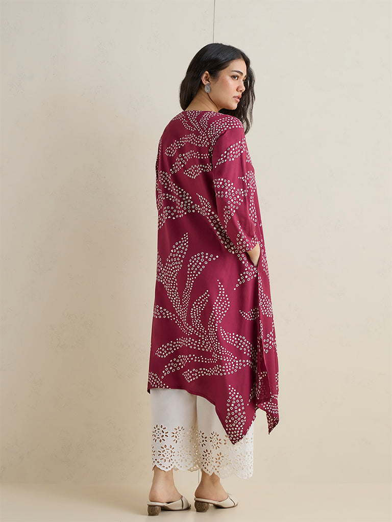 Diza Red Botanical Printed Cotton-Blend A-Line Kurta