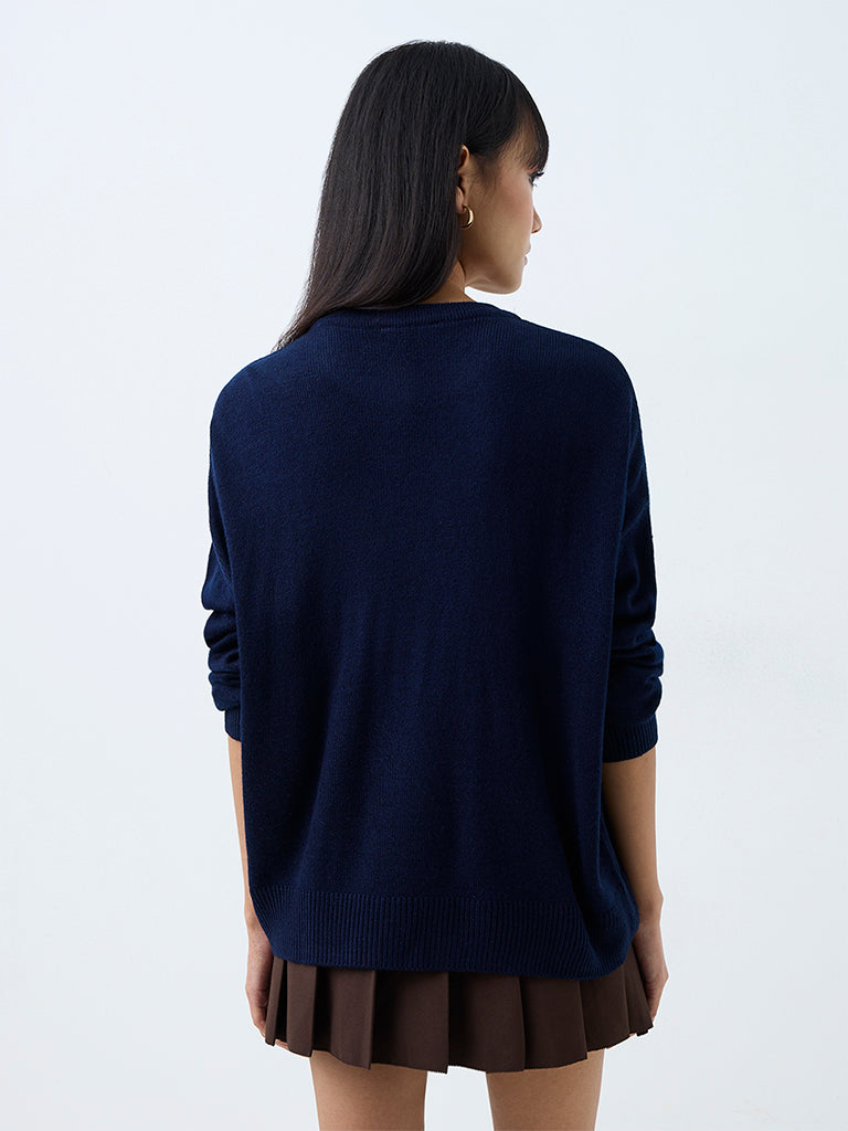 Nuon Navy Teddy Embroidered Knitted Sweater