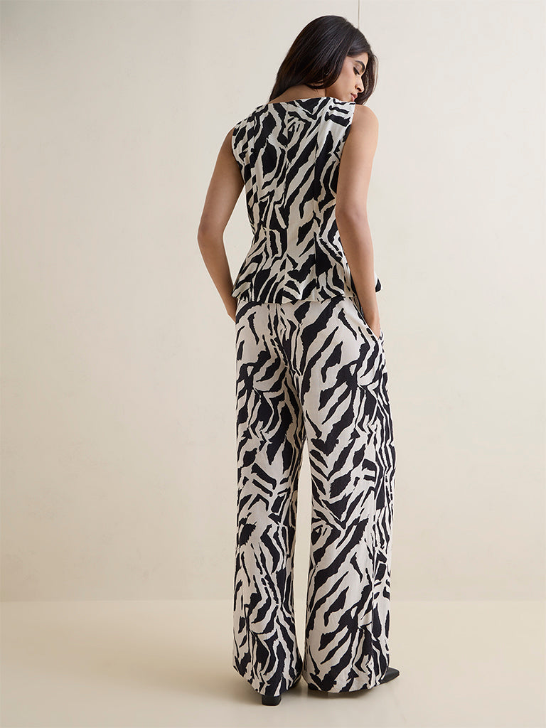 Wardrobe Black and White Zebra Printed High-Rise Linen-Blend Trousers