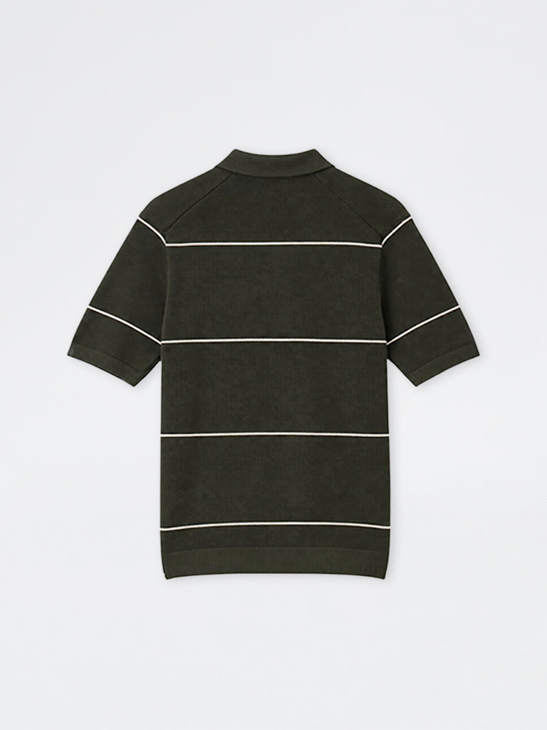 Ascot Olive Striped Quarter-Zip Relaxed-Fit Polo T-Shirt