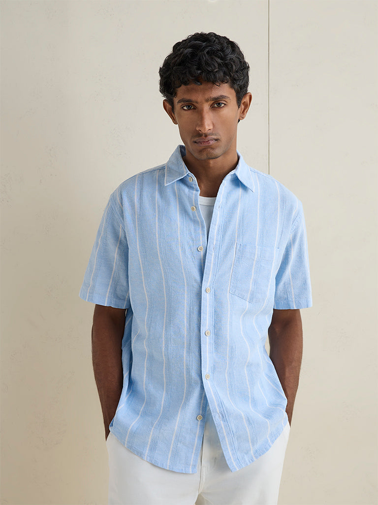 WES Casuals Light Blue Striped Relaxed-Fit Cotton-Blend Shirt